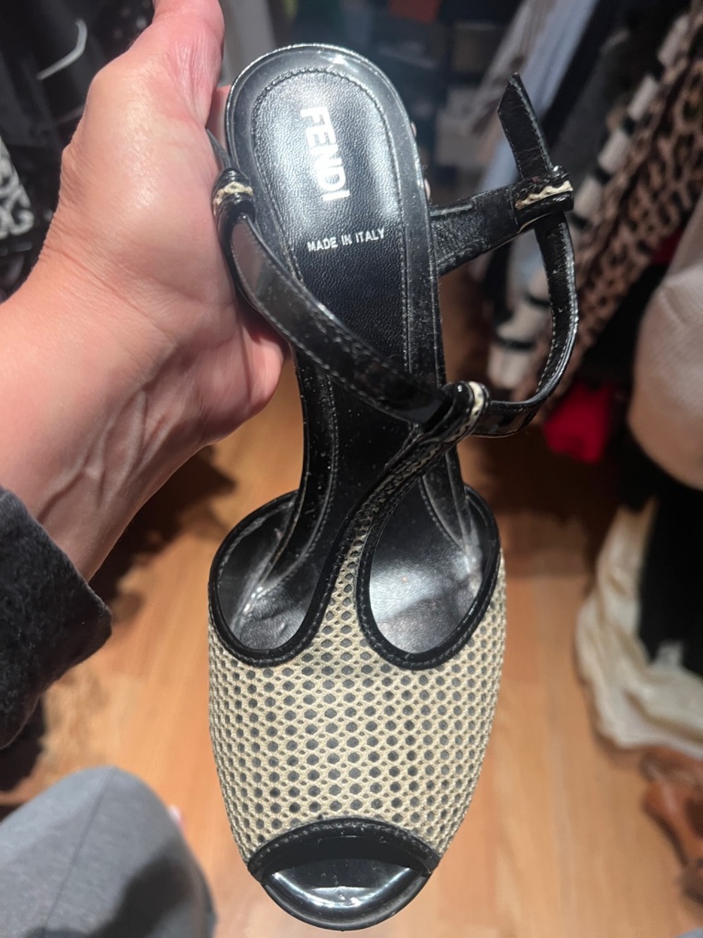 Fendi Black and Cream Peep-Toe Mary Jane Heel with Ankle Strap
